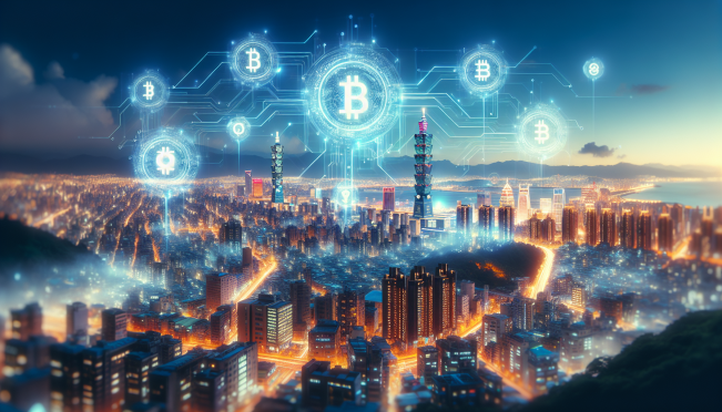 A futuristic cityscape of Taipei with digital currency symbols floating around, symbolizing the convergence of traditional finance and modern cryptocurrency regulations.