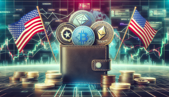 A digital wallet with MAGA tokens, ETH, and Trump Digital Trading Card NFTs, reflecting a high value, with a background of blockchain and crypto market graphs, and a subtle reference to Donald Trump.