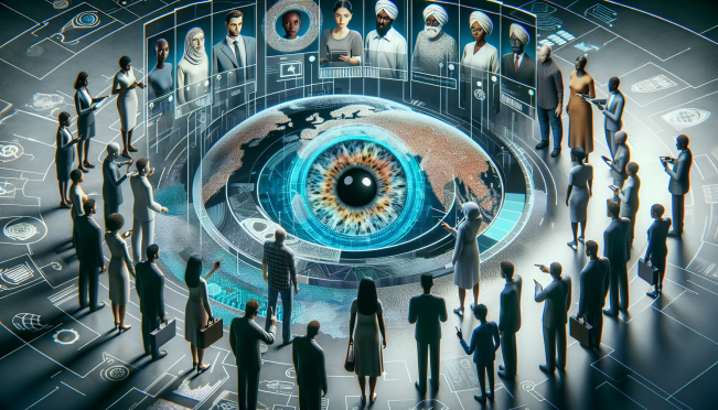 A futuristic scene depicting a digital identity verification process using IRIS scanning, with a diverse group of people in Kenya interacting with Worldcoin technology.