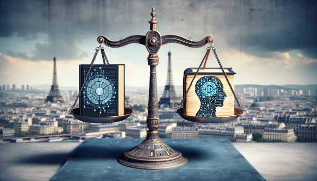 An image illustrating the concept of intellectual property laws in the digital age, featuring digital scales balancing a book (symbolizing traditional media) and an AI symbol (representing technology and innovation), with the Eiffel Tower in the background to signify the French context.