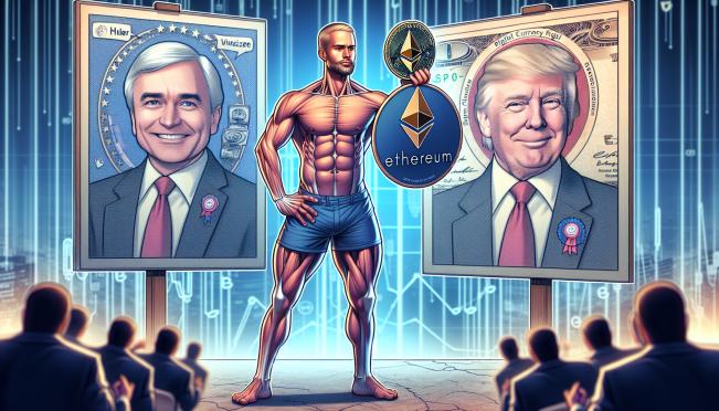 An image of Jesse Powell, co-founder of Kraken, holding Ethereum and standing beside a campaign poster of Donald Trump. In the background, a depiction of crypto regulations with symbols of Elizabeth Warren and Gary Gensler. The image should convey the clash between crypto advocates and regulatory figures.