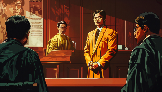 A courtroom scene with two former FTX executives, Nishad Singh and Gary Wang, standing before a judge. The background includes symbolic elements of cryptocurrency and legal documents to highlight the financial scandal.