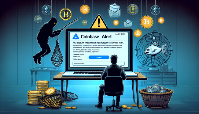 A depiction of a person receiving a fake email from a scammer impersonating Coinbase, with elements of blockchain and cryptocurrency icons, illustrating the phishing attack.