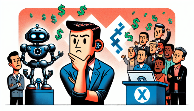 An image showing a puzzled cartoon character of Ripple's CTO David Schwartz standing in front of a giant X logo, with dollar signs floating around and a group of robotic bots on one side and a crowd of diverse people on the other, visually representing the debate between combating bots and preserving free speech.