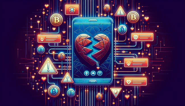 A visually engaging image showing a blend of a dating app interface with warning signs about crypto scams, set against a backdrop of digital currency symbols and a broken heart, symbolizing the romance and investment scam theme.