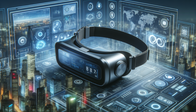 A high-tech headset co-branded by Microsoft and Samsung, showcasing OLED panels and sleek design, against a futuristic cityscape backdrop with digital holograms and virtual interfaces.