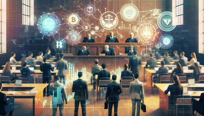 A courtroom scene with digital blockchain graphics superimposed, depicting the clash between ASIC and ASX over the CHESS project. Include elements of financial markets and technology to highlight the themes of the lawsuit and blockchain technology.