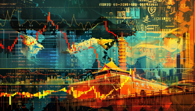 A dynamic financial chart showing a massive sell-off of U.S. stocks and bonds, with symbols of the U.S. and China in the background, reflecting rising diplomatic tensions.