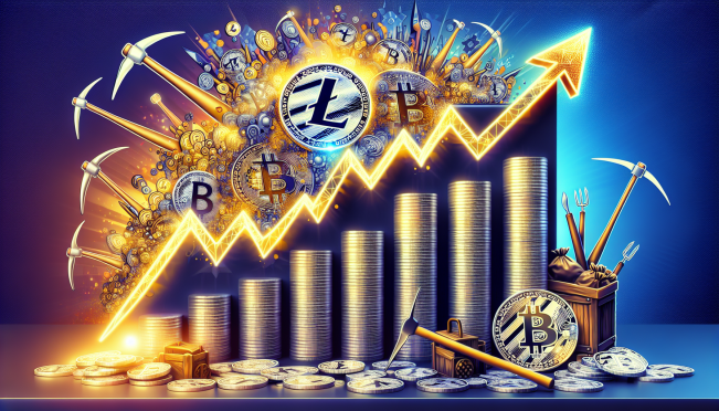 A dynamic and colorful graph showing Litecoin's (LTC) price surge and open interest spike, with coins and mining equipment in the background to represent the accumulation by miners and investor interest.