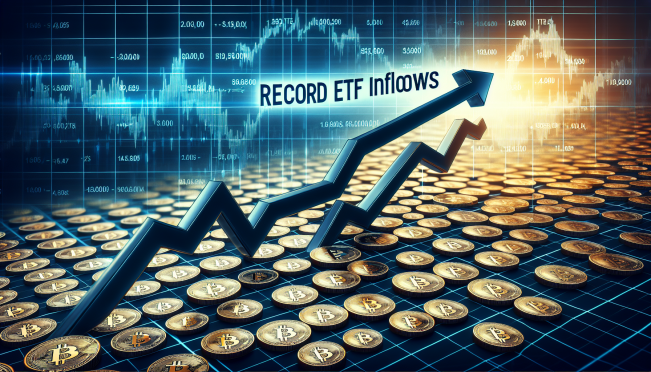 a graph showing a sharp increase, with Bitcoin coins in the background and the text 'Record ETF Inflows' prominently displayed