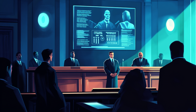 A courtroom scene with a judge, lawyers, and representatives from a tech company and a regulatory body, focused on a large screen showing election betting odds.