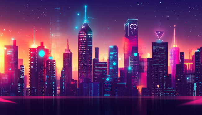 A futuristic skyline with digital blockchain elements, venture capital symbols, and hints of AI and DeFi themes, reflecting Lennertz & Co's investment vision