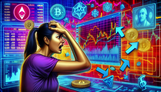 A digital illustration of a stressed individual monitoring cryptocurrency prices on a screen, with fluctuating charts and tokens like CRV prominently displayed. Background elements should include symbols of decentralized finance (DeFi) and lending protocols.