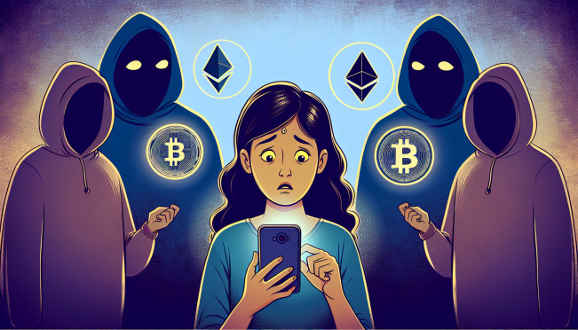 An image showcasing the rise in cryptocurrency fraud, depicting a person looking distressed while holding a mobile phone with Bitcoin and Ethereum symbols around, accompanied by shadowy figures representing scammers in the background.