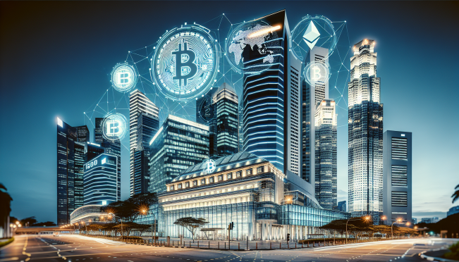 A modern financial institution building in Singapore with digital cryptocurrency symbols overlayed, representing advanced financial tools and digital asset trading.