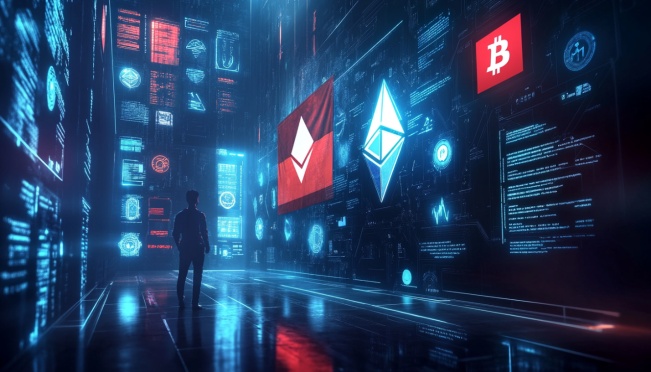 A depiction of hackers targeting a cryptocurrency exchange, featuring digital assets like Ethereum, TRON, Polygon, and Bitcoin being transferred. Include an Indonesian flag subtly in the background to signify the location of the hack.