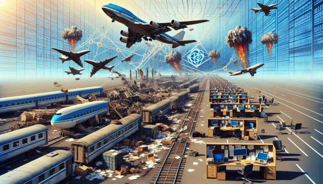 A detailed illustration showing a chaotic scene with grounded airplanes, disrupted trains, and media offices in disarray, overlaid with digital elements like the Blue Screen of Death (BSOD) and decentralized network icons like blockchain and nodes.