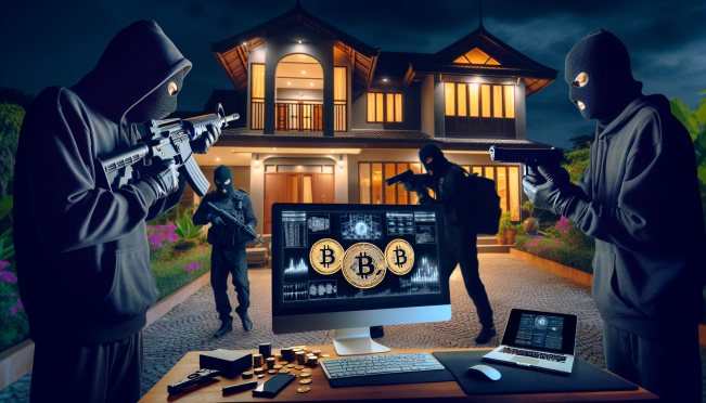 A luxury home in Pathum Thani, Thailand at night with masked intruders breaking in. A scene showing a tense atmosphere with subdued lighting, depicting the forced transfer of crypto assets on a computer screen. Include elements like guns, knives, and a getaway vehicle to highlight the high-stakes nature of the heist.