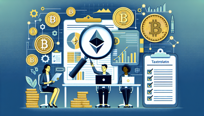 A depiction of New Zealand's tax authority closely monitoring cryptocurrency transactions, featuring charts, digital assets, and a symbolic representation of tax compliance