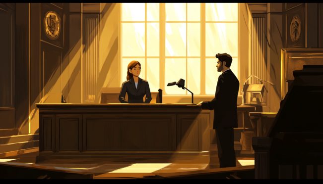 A courtroom scene with Caroline Ellison and Judge Lewis Kaplan, highlighting a serious yet cooperative atmosphere. Include elements that reflect cryptocurrency and legal themes.