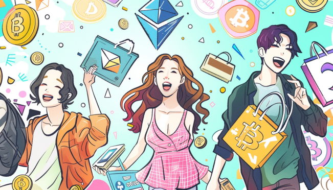 An illustration showing a Japanese e-commerce platform with Bitcoin and Ethereum symbols, featuring excited users and celebrities like Riki Choshu and Haruka Shimazaki. Include digital wallets and shopping elements to highlight the integration of crypto with e-commerce.