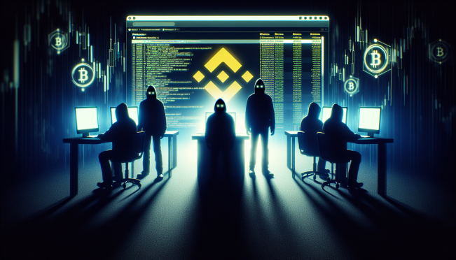 A dark web forum with ominous figures in the background, computer screens displaying sensitive data, and a Binance logo subtly incorporated to signify the alleged data breach.