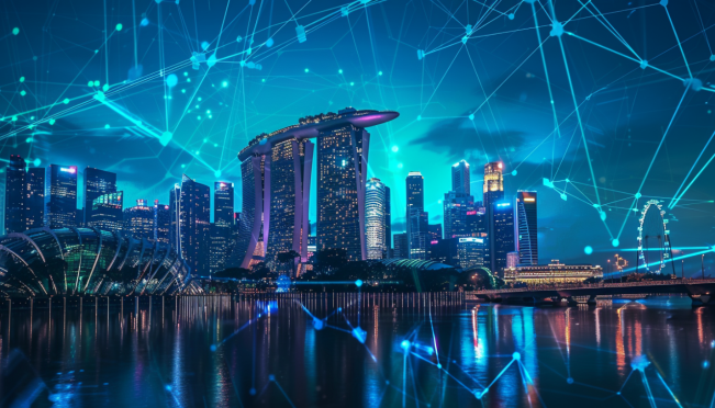 A futuristic skyline of Singapore with digital and blockchain elements seamlessly integrated, symbolizing the city-state's commitment to becoming a global hub for cryptocurrency and blockchain technology.