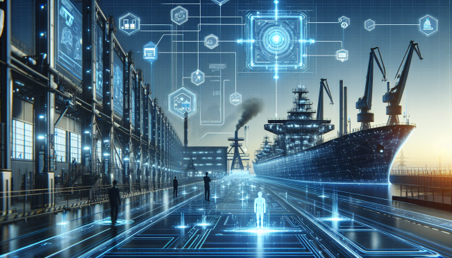 A futuristic visualization of an industrial metaverse with Siemens and NVIDIA logos, featuring digital twins and AI elements, with a ship in the background being designed using this new technology