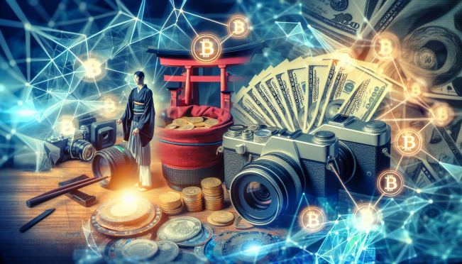 A dynamic image showcasing Sony's acquisition of Amber Japan, blending traditional business elements like cameras and games with modern cryptocurrency symbols such as blockchain icons and digital coins.