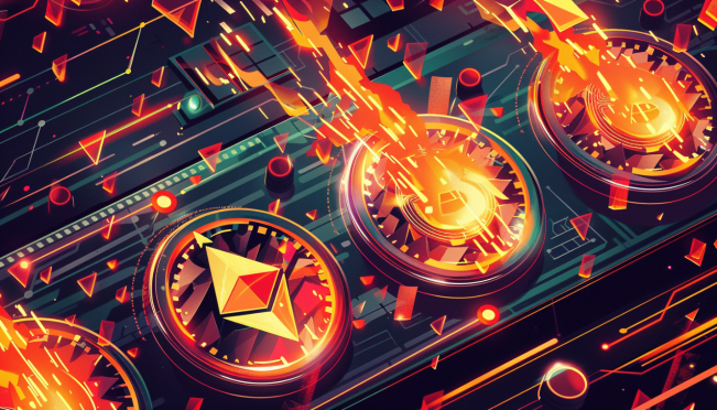 A visually engaging illustration depicting the concept of Ethereum gas fees plummeting, with representations of ETH coins, a fuel gauge with the needle pointing to low, and digital flames representing ETH burning, set against a backdrop of a network or blockchain pattern.