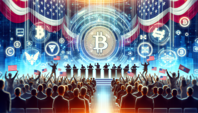 A dynamic and futuristic image depicting a political rally with blockchain and cryptocurrency symbols, US presidential candidates, and digital campaign banners showing support for cryptocurrencies.