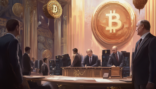 An illustration of Russian Senate approving a crypto mining bill with miners working on their rigs in the background, and President Vladimir Putin's signature pending. The scene should include elements of Russian architecture and symbols of cryptocurrency.