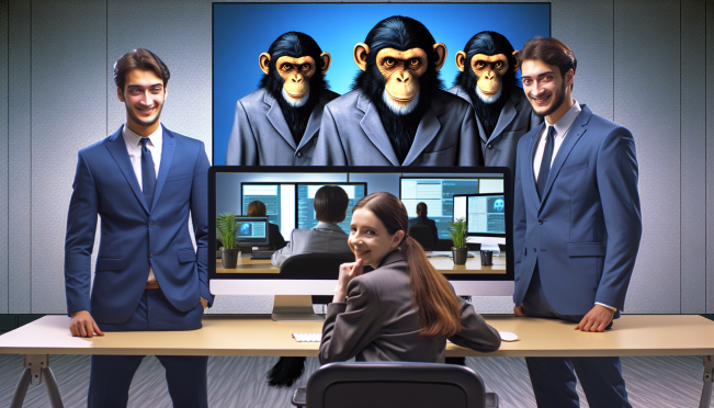 Three individuals in business attire, looking devious, with an image of cartoon apes on a computer screen in the background, symbolizing the Evolved Apes NFT collection and the scam.