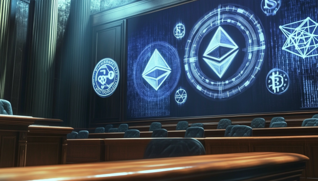 A courtroom scene with digital cryptocurrency symbols like Solana, Cardano, and Polygon on a backdrop, representing the clash between Coinbase, SEC, and CFTC.