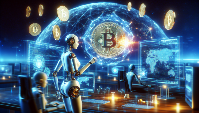 An AI robot conducting a crypto transaction, with digital tokens floating between computer screens, showcasing a futuristic financial landscape blending AI and blockchain technology.