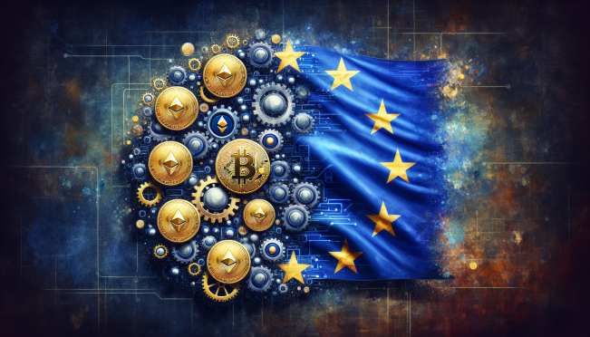 A visually striking image of a European Union flag intertwined with digital elements representing technology and cryptocurrency, symbolizing regulatory oversight and compliance.