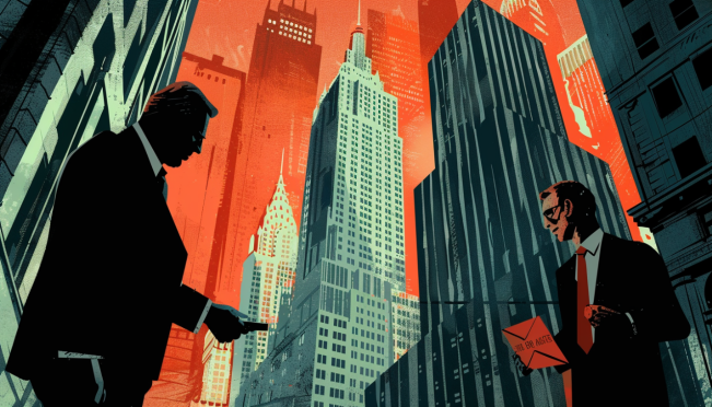 An illustration of Wall Street with prominent buildings labeled as JPMorgan and BlackRock, with a shadowy figure handing over a sealed envelope marked 'CPI Data' to another shadowy figure in the foreground, symbolizing the alleged early access to sensitive market data.