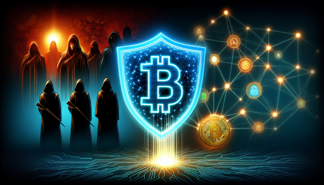 Illustration of a digital shield protecting a network of cryptocurrencies and digital transactions from shadowy figures representing terrorists and rogue nations, highlighting defense and security in the digital age.