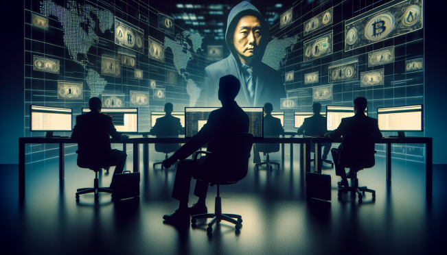 A dramatic depiction of a dark web marketplace with shadowy figures, computer screens showing cryptocurrency transactions, and a prominent image of Rui-siang Lin being arrested at an airport.