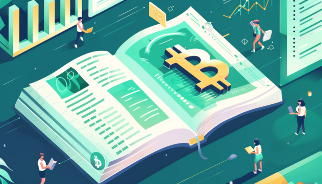 An illustration showing a large, digital ledger book with Genesis logo on one page and a Bitcoin symbol on the opposite page. In the background, a graph showing the rising value of Bitcoin and small figures representing the crypto community discussing around it.