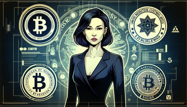 A digital illustration of Ruja Ignatova with a backdrop of OneCoin symbols, law enforcement badges from the US and Bulgaria, and a bold $5 million reward sign prominently displayed.