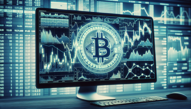 digital asset trading charts on a computer screen with the Deutsche Boerse logo in the background