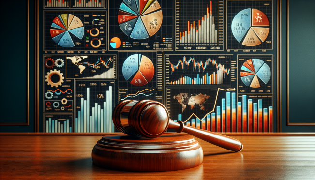 courtroom gavel with financial charts in the background