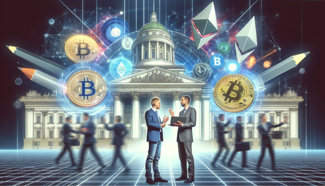 A dynamic and engaging scene featuring Mark Cuban and Kamala Harris at a virtual event, with digital cryptocurrency symbols and the US Capitol in the background, signifying the intersection of politics and cryptocurrency.