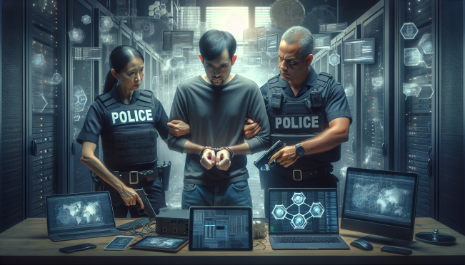 Two law enforcement officers arresting a middle-aged man in a modern office, with digital devices being seized in the background. The setting should reflect a high-tech environment, emphasizing the crackdown on illegal crypto activities.