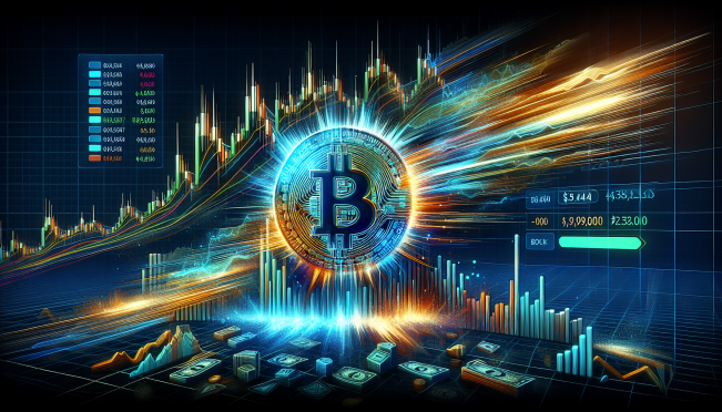 A digital representation of a bitcoin flash crash on a trading platform, highlighting the rapid drop below $9,000 and swift recovery, with emphasis on market resilience and trading activity.