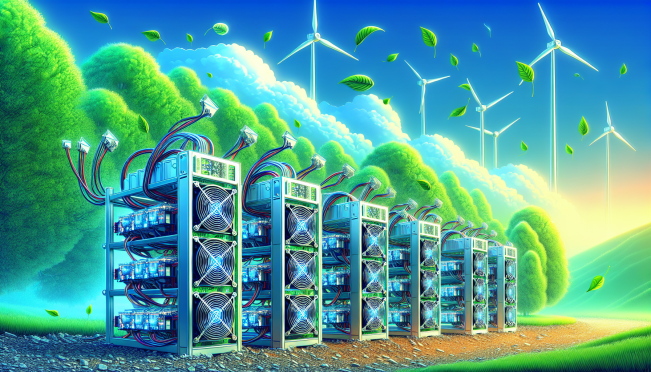 cryptocurrency mining rigs with environmental icons like trees and clouds in the background