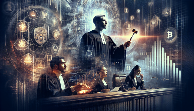 A dramatic courtroom scene with judges, lawyers, and crypto symbols, highlighting the FTX settlement with the IRS. Depict an atmosphere of resolution and forward momentum, with a hint of financial recovery and digital assets in the background.