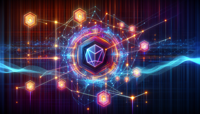 Illustration of a futuristic blockchain network, with nodes interconnected in a vibrant, dynamic pattern, symbolizing high speed and security, with the Fantom Foundation logo prominently displayed and a digital wave representing the Sonic technology's fast transaction processing.