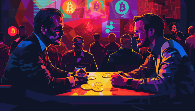 A dynamic illustration showing Charles Hoskinson and Vitalik Buterin in a debate, with political symbols and cryptocurrency icons in the background. The scene should reflect a political rally with a focus on blockchain and crypto elements.